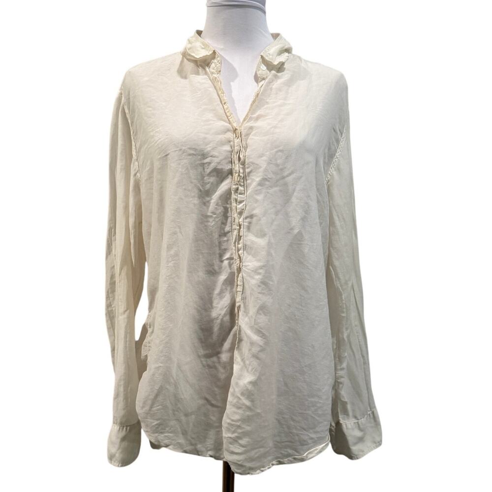 Xirena White Cotton Silk Button Front Long Sleeve Blouse Relaxed Large Light